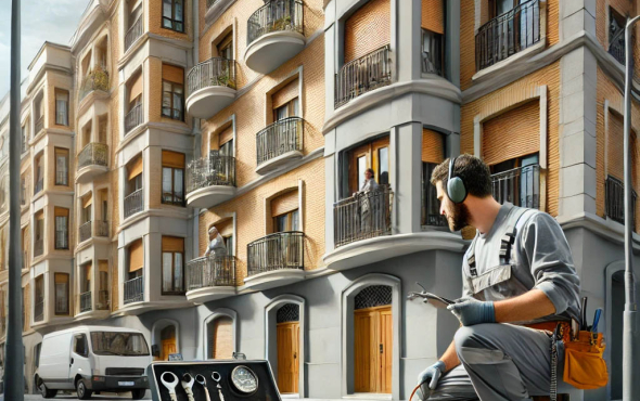 Mantenimiento y conservación de edificios en comunidades de propietarios con un técnico inspeccionando